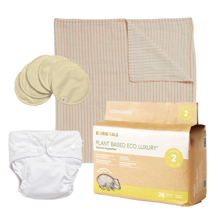 Ecoriginals Eco Baby Bundle 1 X 26 Pack Infant Nappies 5-8kg  + Reusable Eco Cloth Nappy + Muslin Swaddle + Nursing Pads