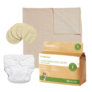 Ecoriginals Eco Baby Bundle  1 X 28 Pack Newborn Plus Nappies 3.5-6kg + Reusable Eco Cloth Nappy + Muslin Swaddle + Nursing Pads