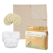 Ecoriginals Eco Baby Bundle 1 X 18 Pack Walker Nappies 12-18kg + Reusable Eco Cloth Nappy + Muslin Swaddle + Nursing Pads