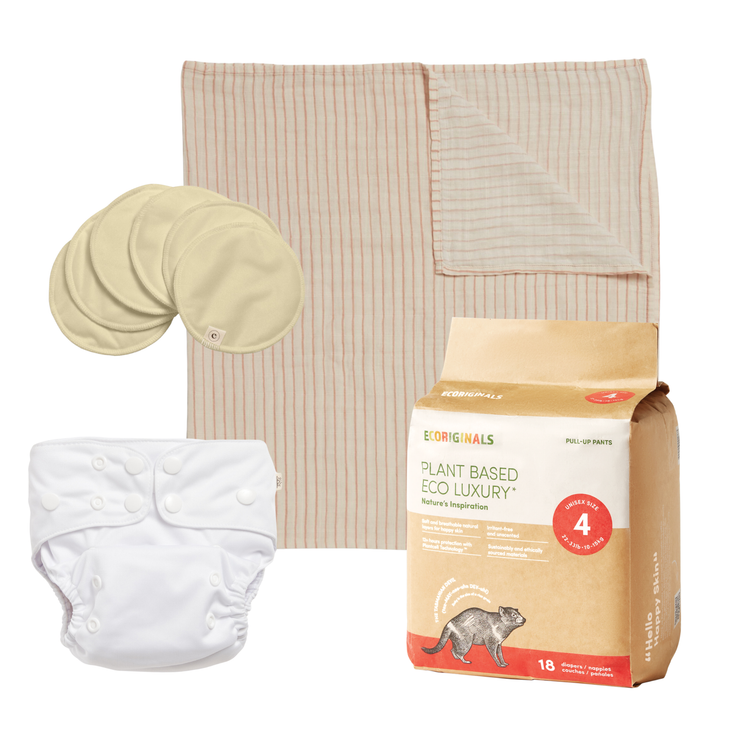 Ecoriginals Eco Baby Bundle 1 X 18 Pack Toddler Nappy Pants 10-15kg + Reusable Eco Cloth Nappy + Muslin Swaddle + Nursing Pads