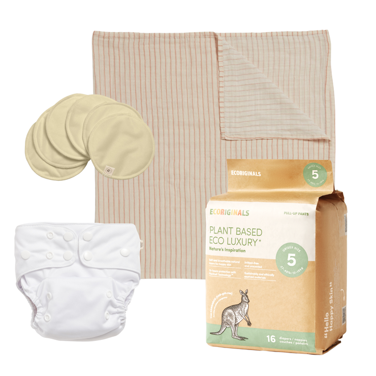 Ecoriginals Eco Baby Bundle 1 X 16 Pack Walker Nappy Pants 12-18kg -+ Reusable Eco Cloth Nappy + Muslin Swaddle + Nursing Pads