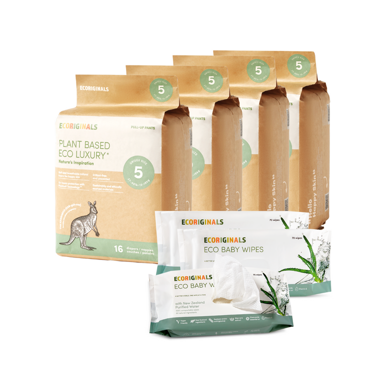 Ecoriginals Eco Bundle 4 X 16 Pack Walker Nappy Pants 12-18kg + Free 3 X 70 Pack Plant Based Baby Wipes Purified NZ Water