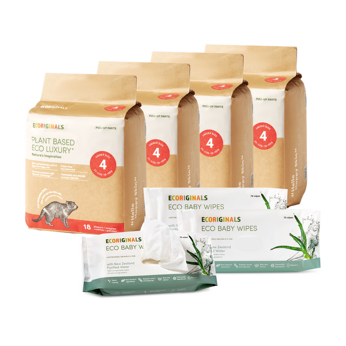 Ecoriginals Eco Bundle 4 X 18 Pack Toddler Nappy Pants 10-15kg + Free 3 X 70 Pack Plant Based Baby Wipes Purified NZ Water