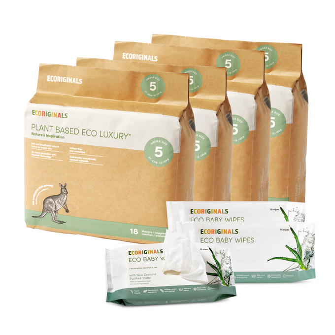 Ecoriginals Eco Bundle 4 X 18 Pack Walker Nappies 12-18kg + Free 3 X 70 Pack Plant Based Baby Wipes Purified NZ Water