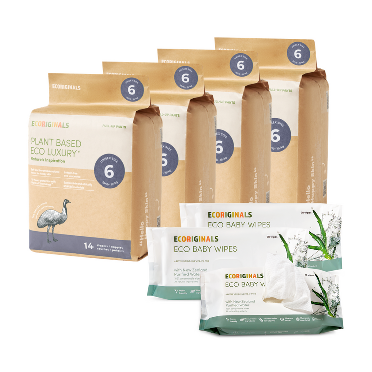 Ecoriginals Eco Bundle 4 X 14 Pack Junior Nappy Pants 16kg+. + Free 3 X 70 Pack Plant Based Baby Wipes Purified NZ Water