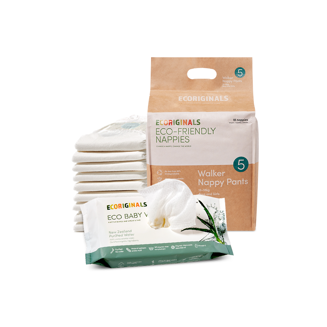 Ecoriginals Eco Bundle 1 X 16 Pack Walker Nappy Pants 12-18kg + 1 X 70 Pack Plant Based Baby Wipes