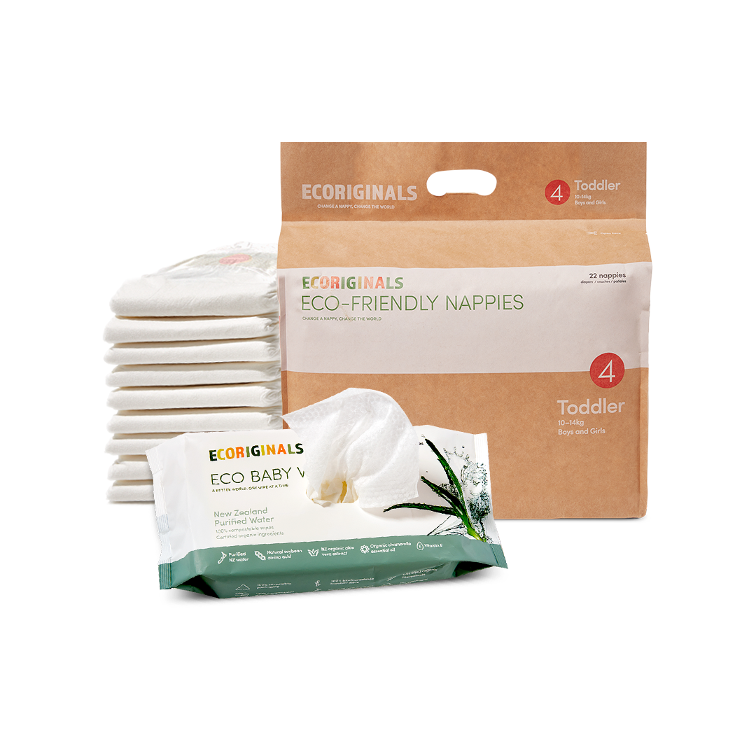 Ecoriginals Eco Bundle 1 X 20 Pack Toddler Nappies 10-15kg + 1 X 70 Pack Plant Based Baby Wipes