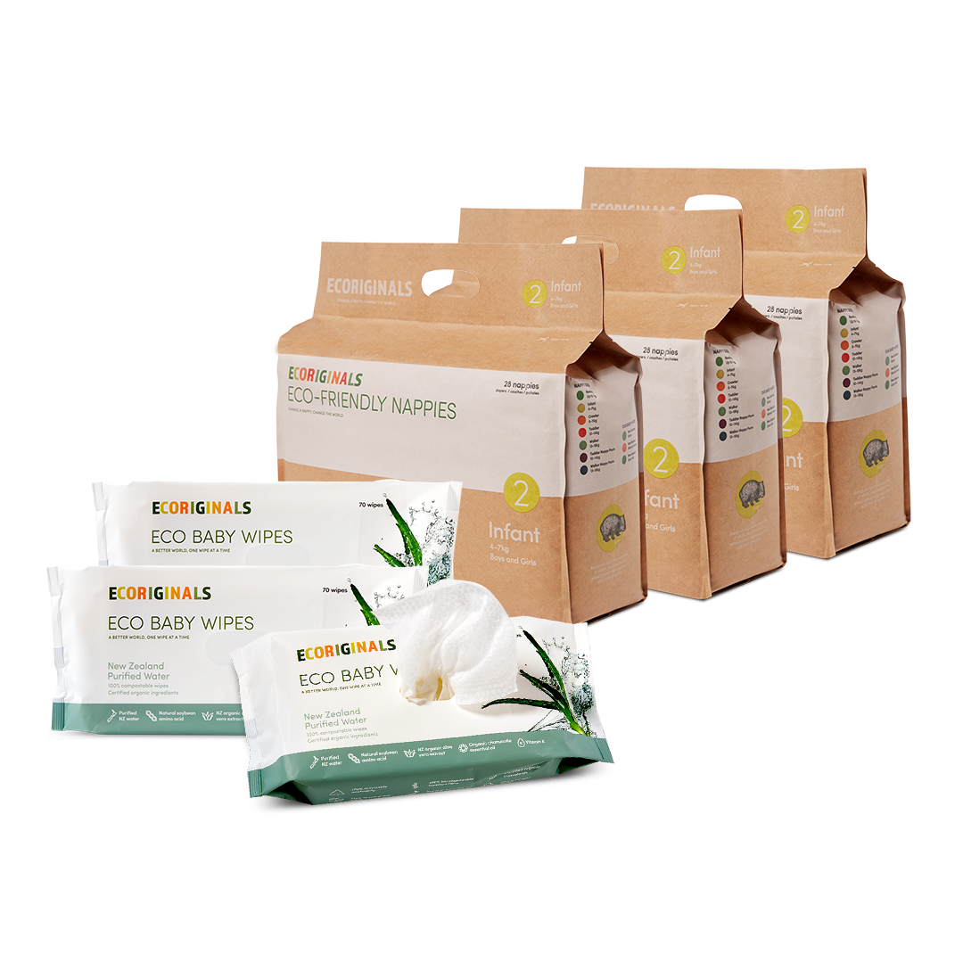 Ecoriginals Eco Bundle 3 X 26 Pack Infant Nappies 5-8kg + 3 X 70 Pack Plant Based Baby Wipes