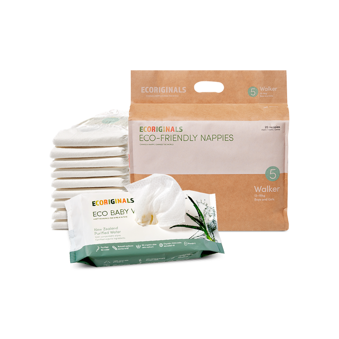 Ecoriginals Eco Bundle 1 X 18 Pack Walker Nappies 12-18kg + 1 X 70 Pack Plant Based Baby Wipes