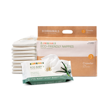 Ecoriginals Eco Bundle 1 X 24 Pack Crawler Nappies 7-12kg + 1 X 70 Pack Plant Based Baby Wipes